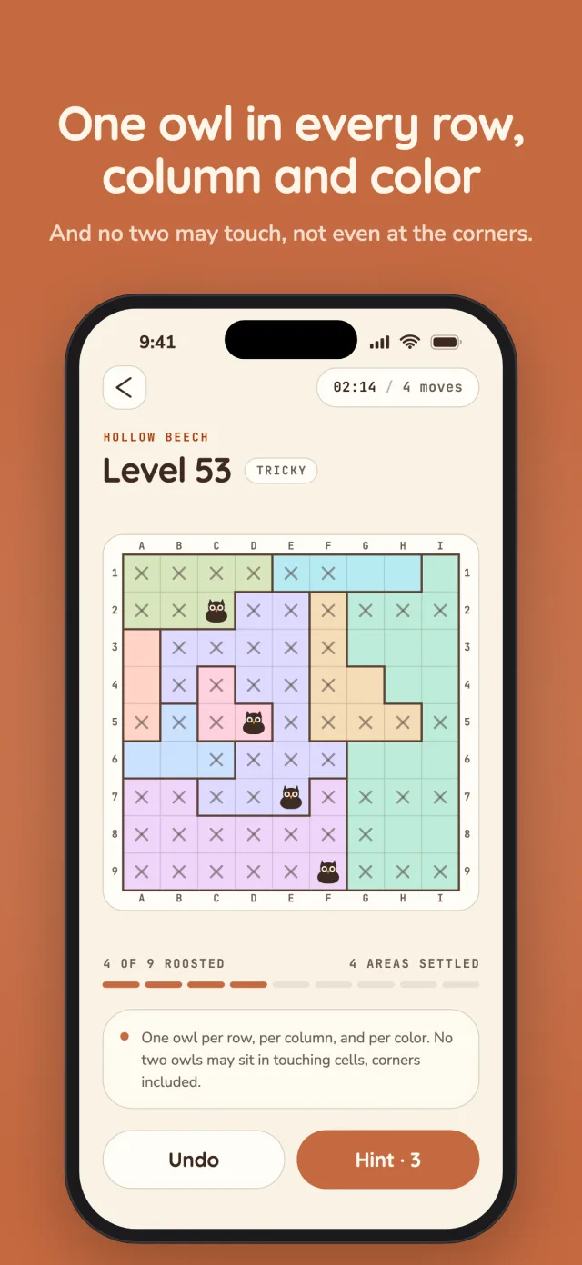 One owl in every row, column and color, and no two may touch, not even at the corners. A nine by nine board, four owls placed and cells crossed out around them.