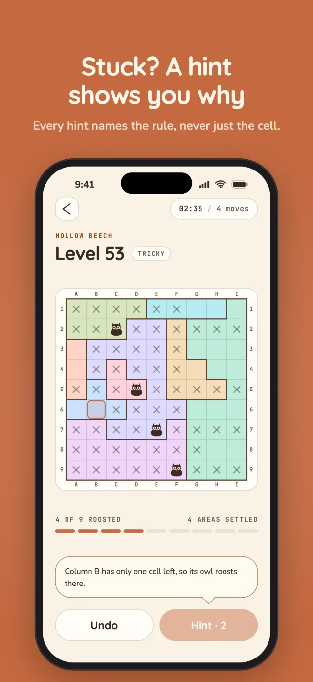 Stuck? A hint shows you why. The board with a hint open: Column B has only one cell left, so its owl roosts there.