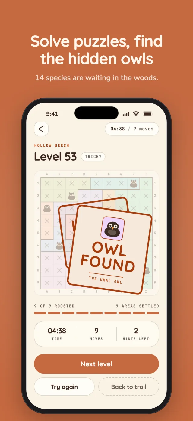 Solve puzzles, find the hidden owls. The board solved, with an Owl found stamp thrown across it.